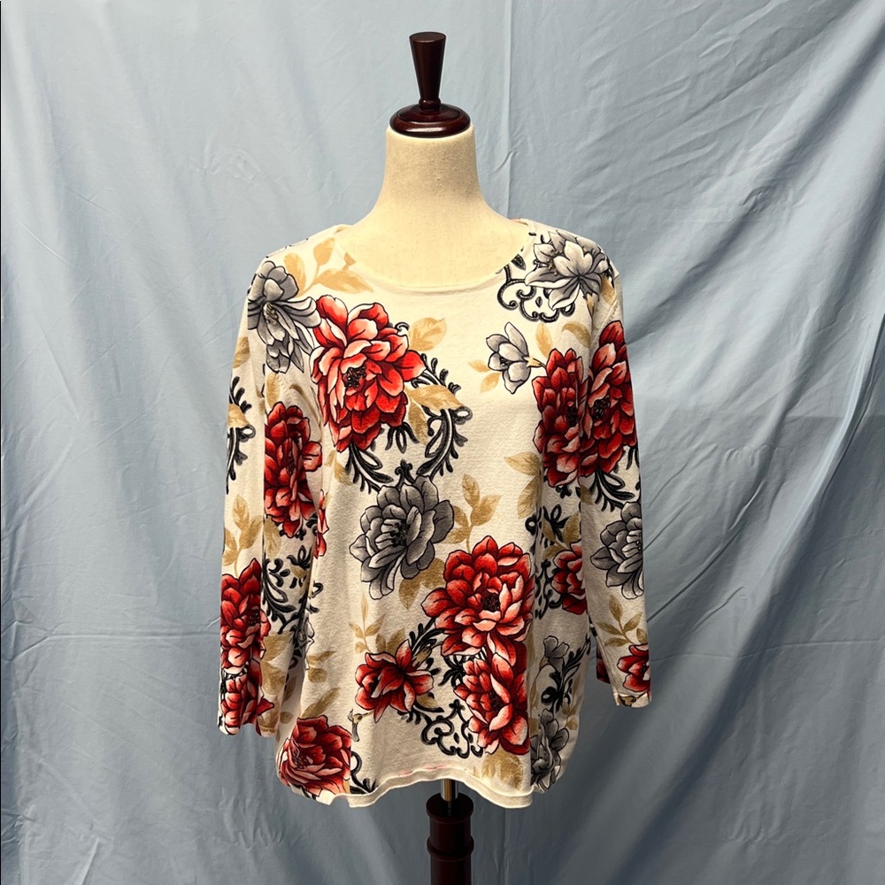 Alfred Dunner Red and Gray Floral Long Sleeve Top